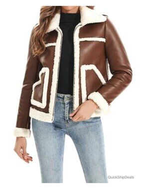 Faux Leather Jacket Sherpa Lined Shearling Moto Coat Women
